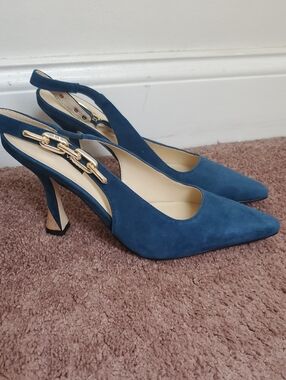Nine West Blue Suede Slingback Heels with Gold Chain Accent